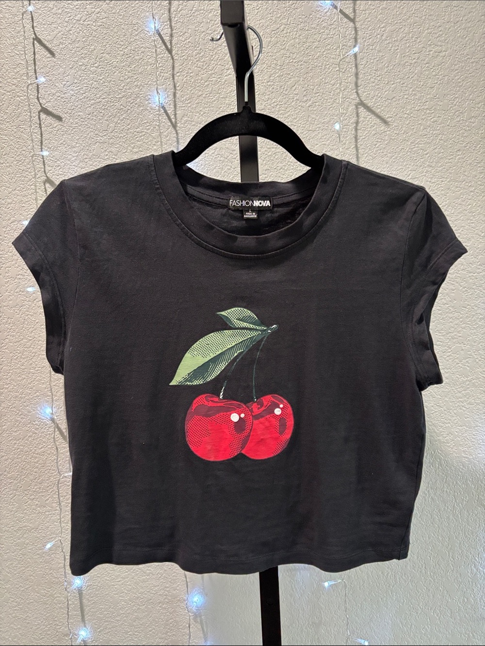 Fashion Nova Black Crop Tee with Red Cherry Print🍒